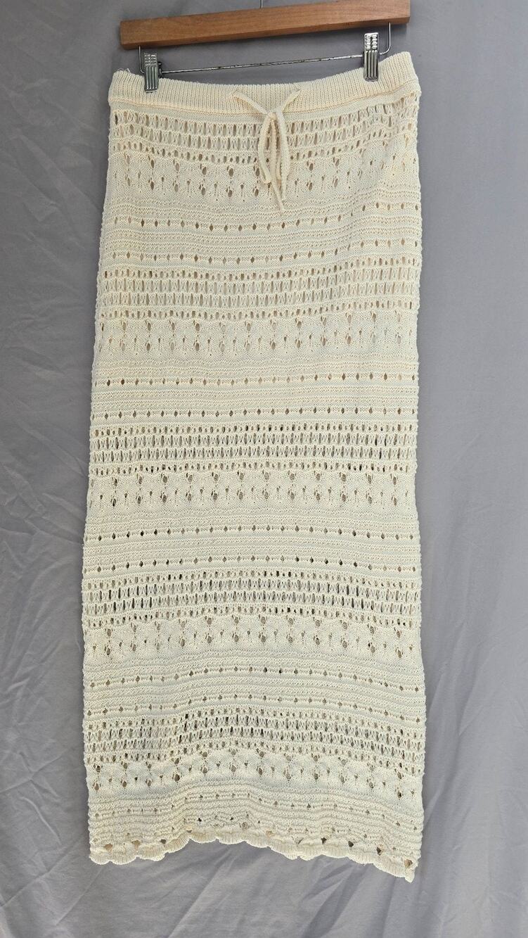 Universal Thread Skirt Womens Medium Ecru Crochet Knit Maxi Tie Waist Lined Boho